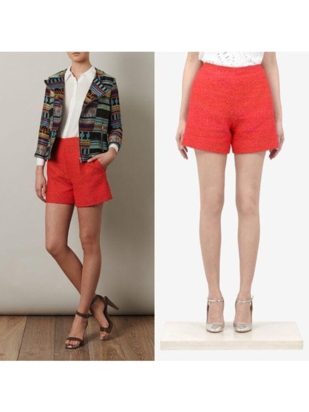 Carven Red Orange High Waisted Tweed Shorts Dress